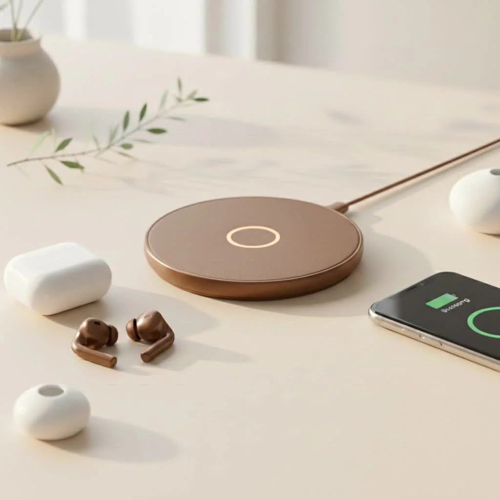 iPhone charging wirelessly on a sleek pad