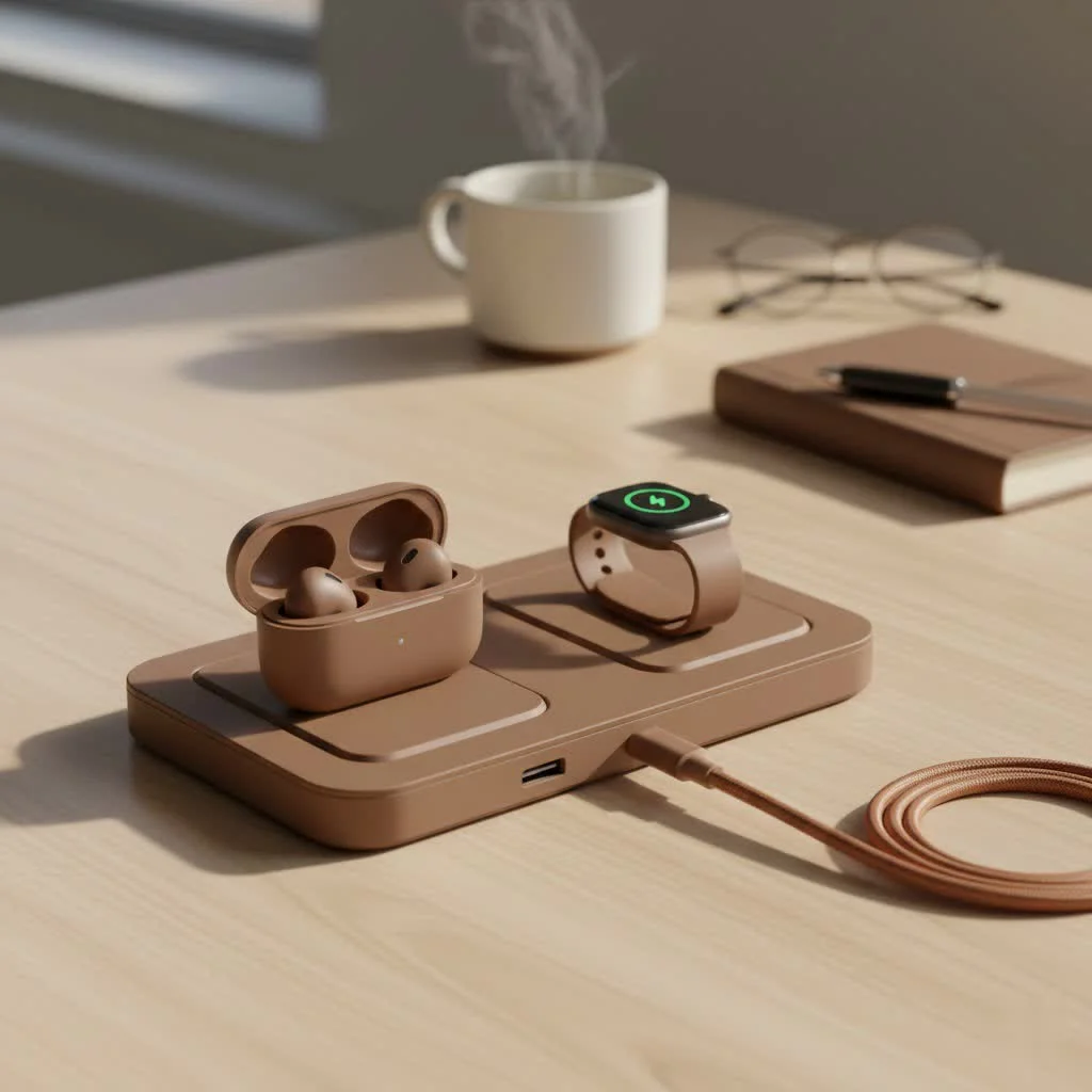 Samsung Wireless Charger Trio charging a phone, watch, and earbuds