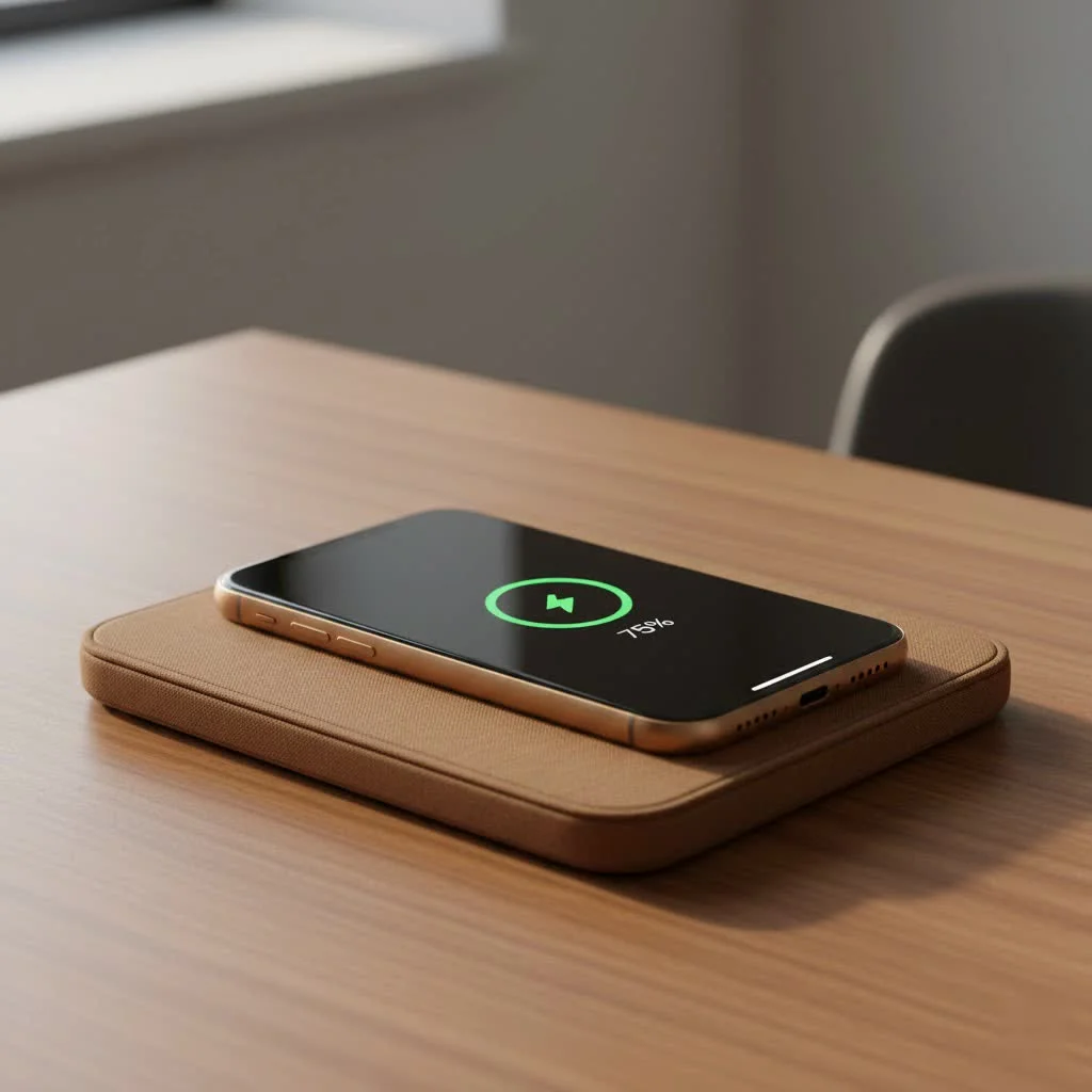 Wireless phone charger powering a smartphone on a desk