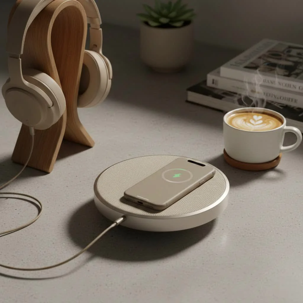 iPhone 15 Pro Max charging on a sleek wireless stand