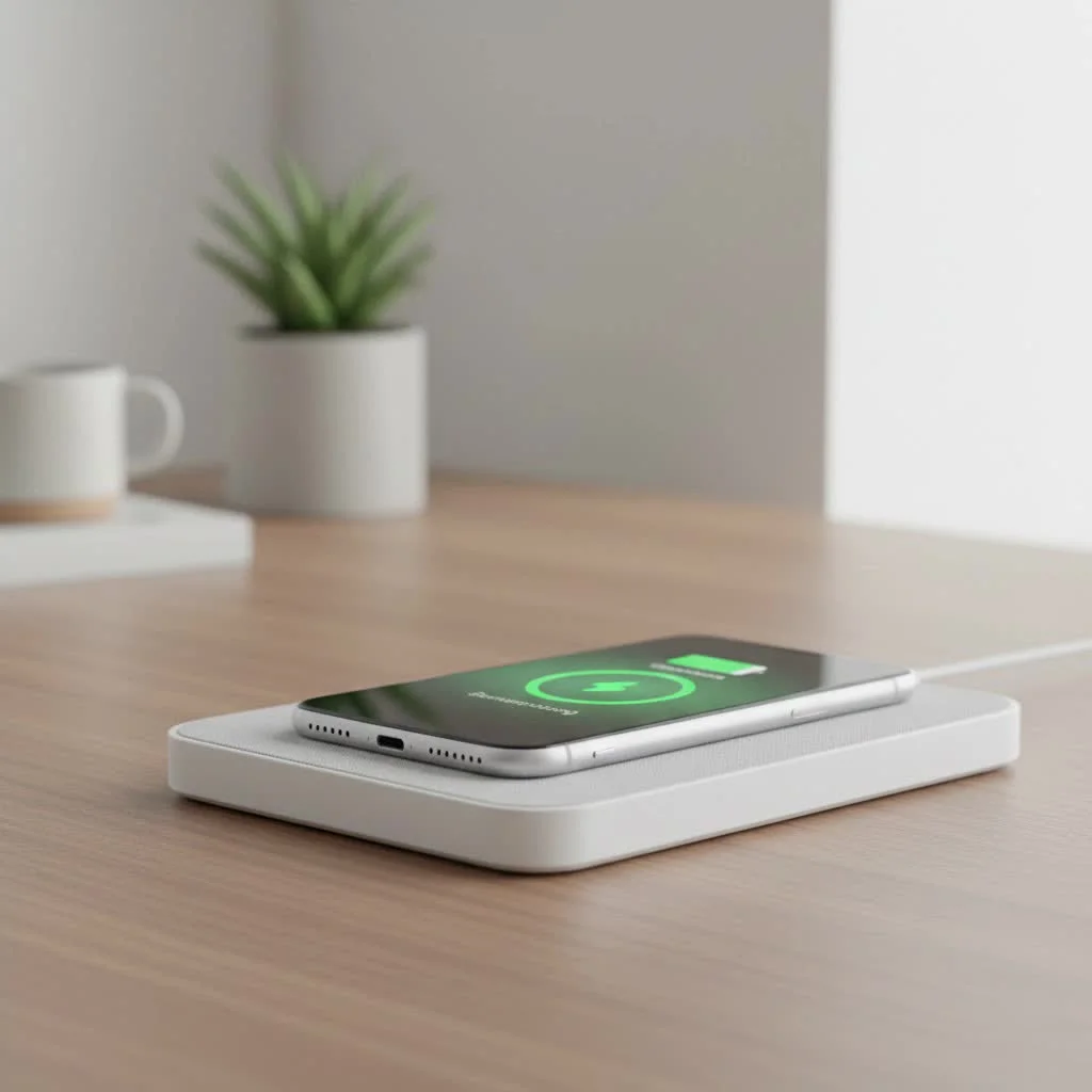 AirPods case charging wirelessly on a sleek pad
