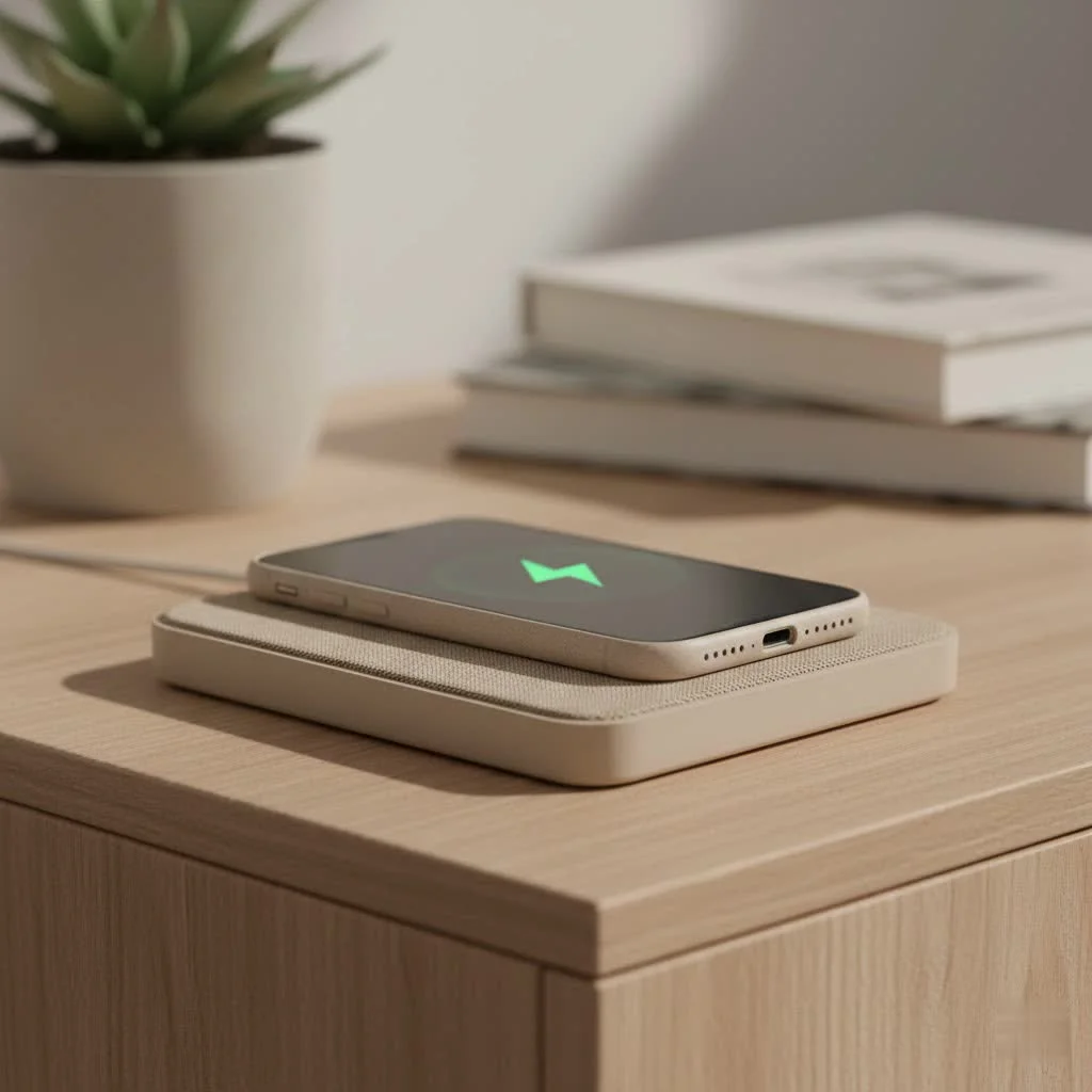 Smartphone charging wirelessly on a sleek pad