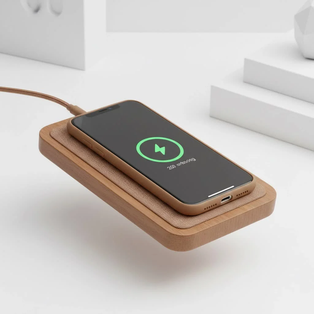 Smartphone charging wirelessly on a sleek pad