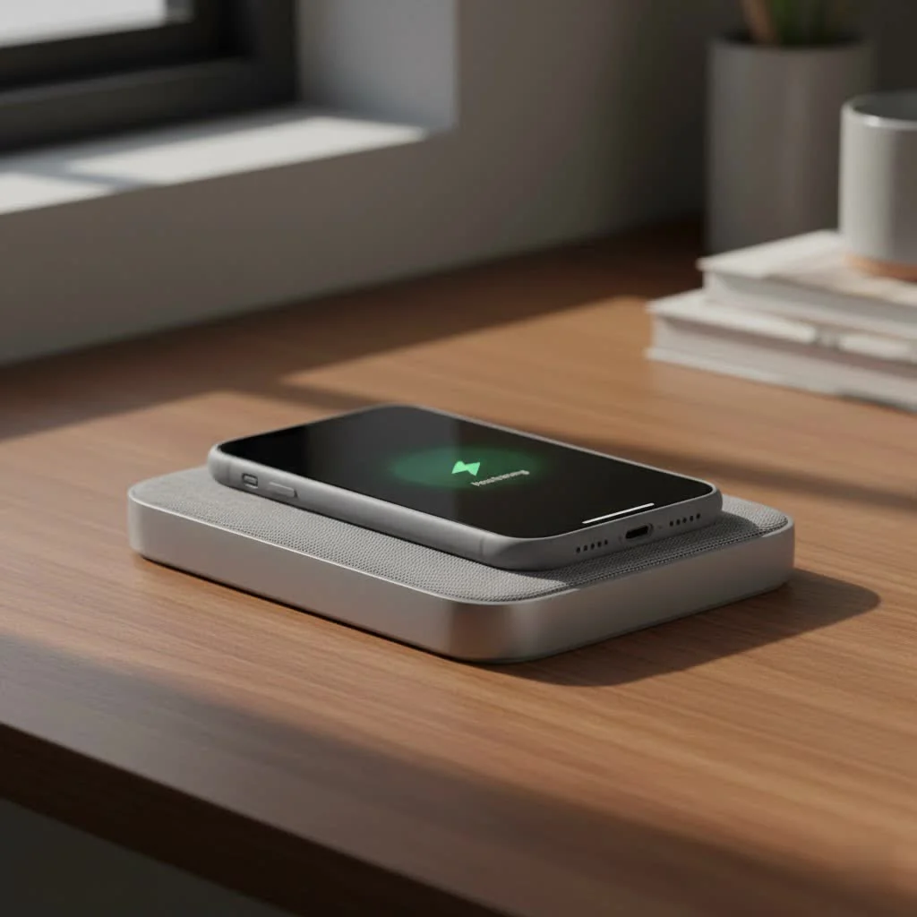 iPhone charging wirelessly on a sleek pad