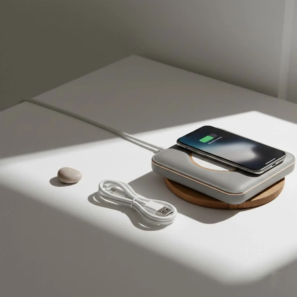 iPhone wirelessly charging on a sleek pad