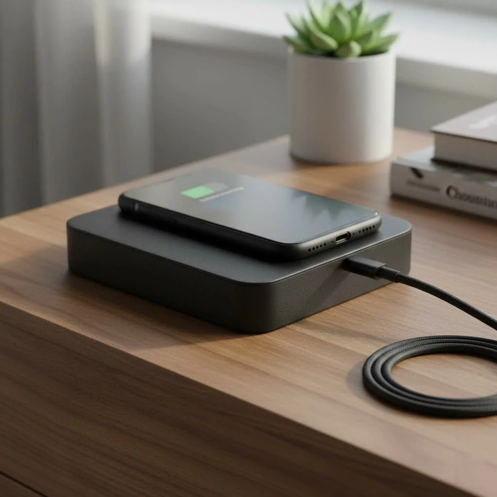 Wireless charging pad with a smartphone on it