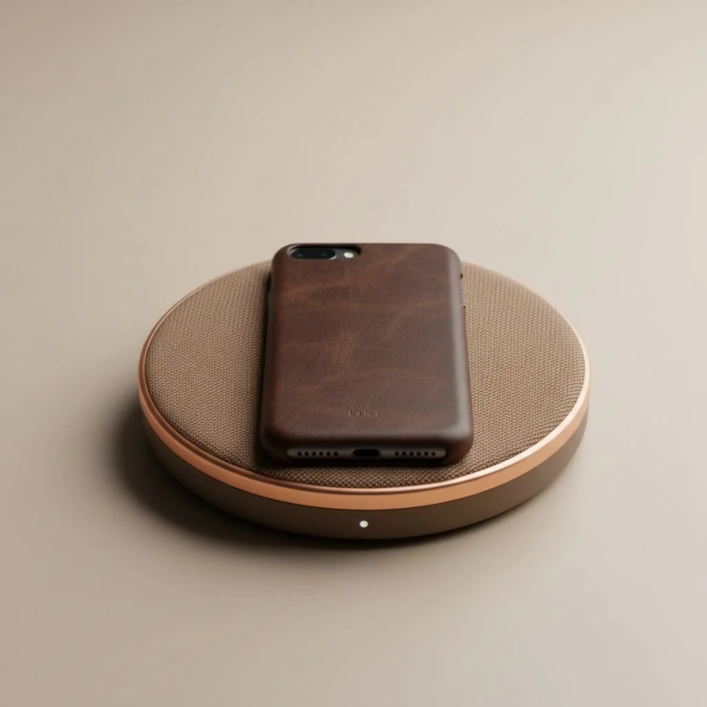 Portable wireless charger powering a smartphone