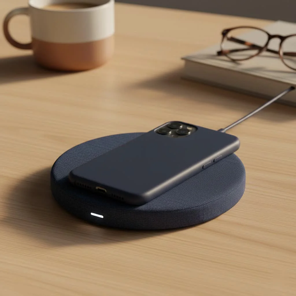 iPhone wirelessly charging on a sleek pad