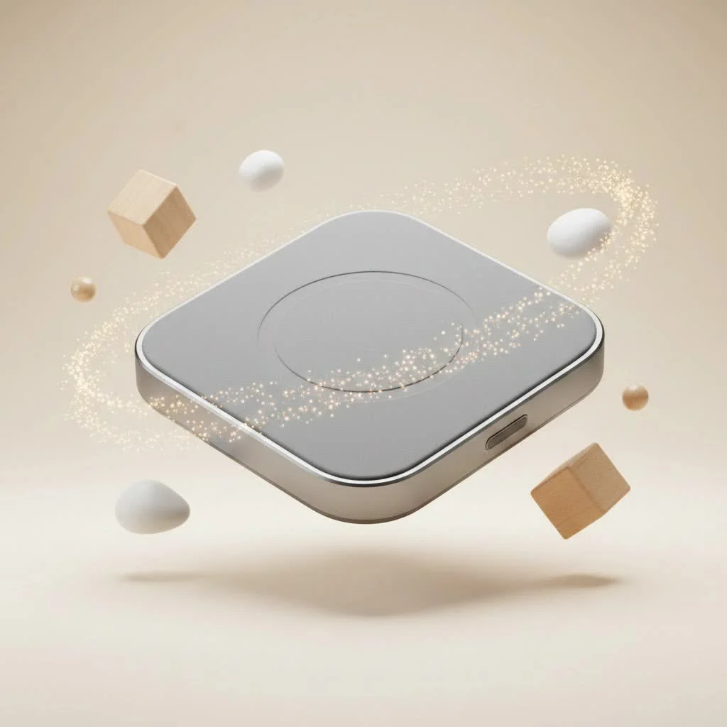 Wireless charger on a wooden desk with a smartphone