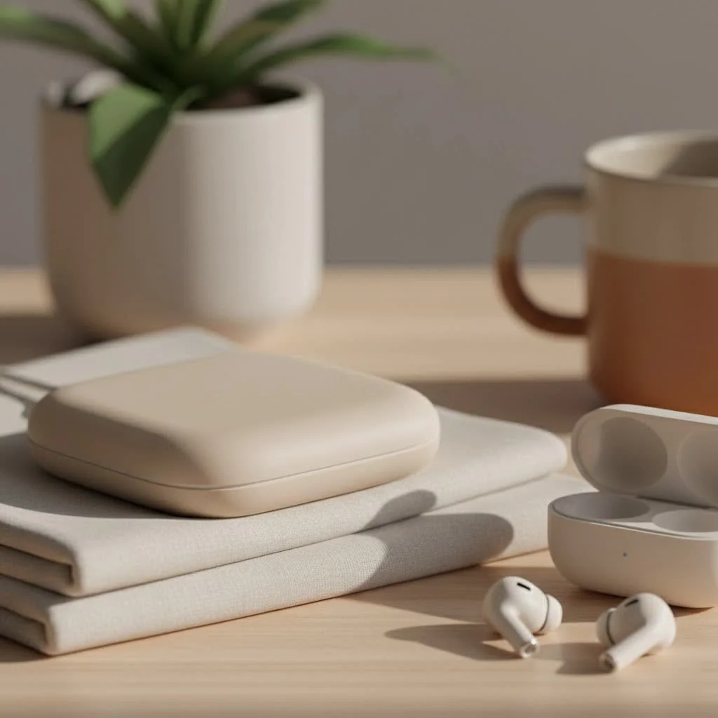 Wireless phone charger on a desk with a smartphone