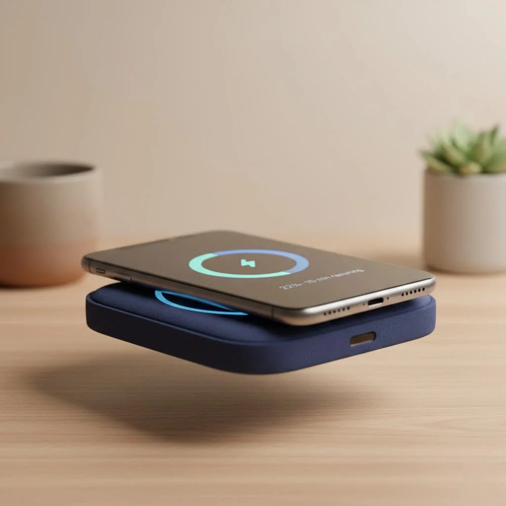 Laptop wirelessly charging on a modern desk setup